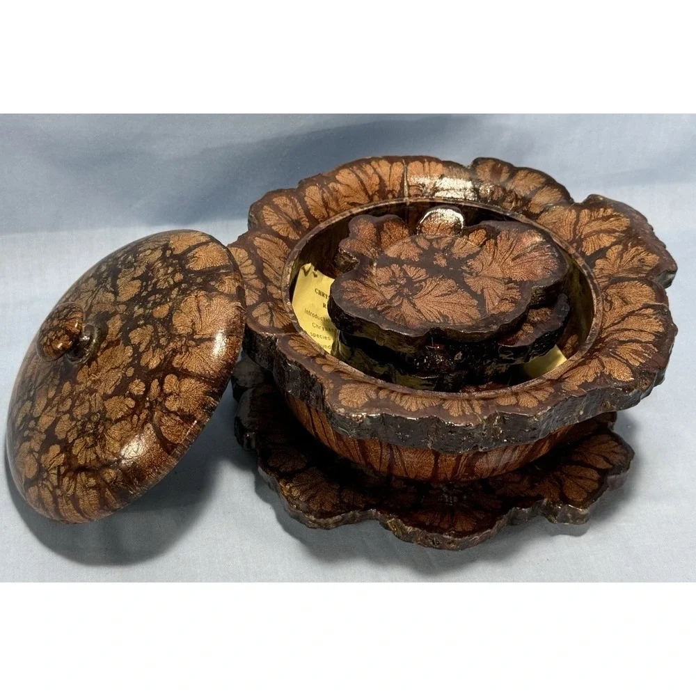RARE Vintage 7 Piece Chrysanthemum Wood Bowl w/‎ Lid, Plate and 4 Coasters